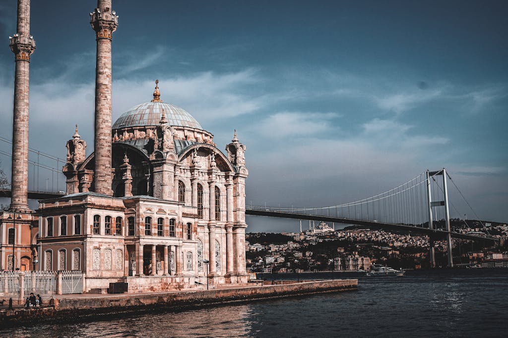 Scenic view of Ortaköy Mosque and Bosphorus Bridge in Istanbul, Turkey during sunset.